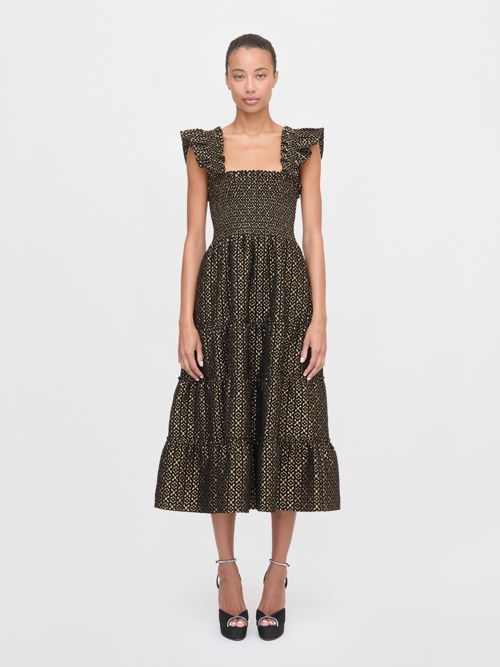 Hill House Black and Gold Tiered Brocade Smocked Midi Dress